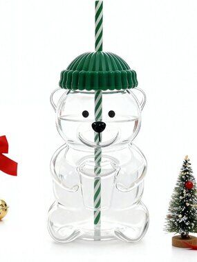 Bear-Shaped Glass Cup, Cute Reusable Glass Tumbler with Lid and Straw(1 Pack)
